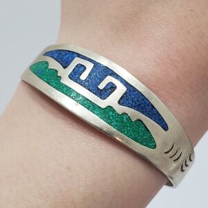 Vintage Alpaca Mexico Silver Turquoise Lapis Inlay Bangle Bracelet 6.25"
